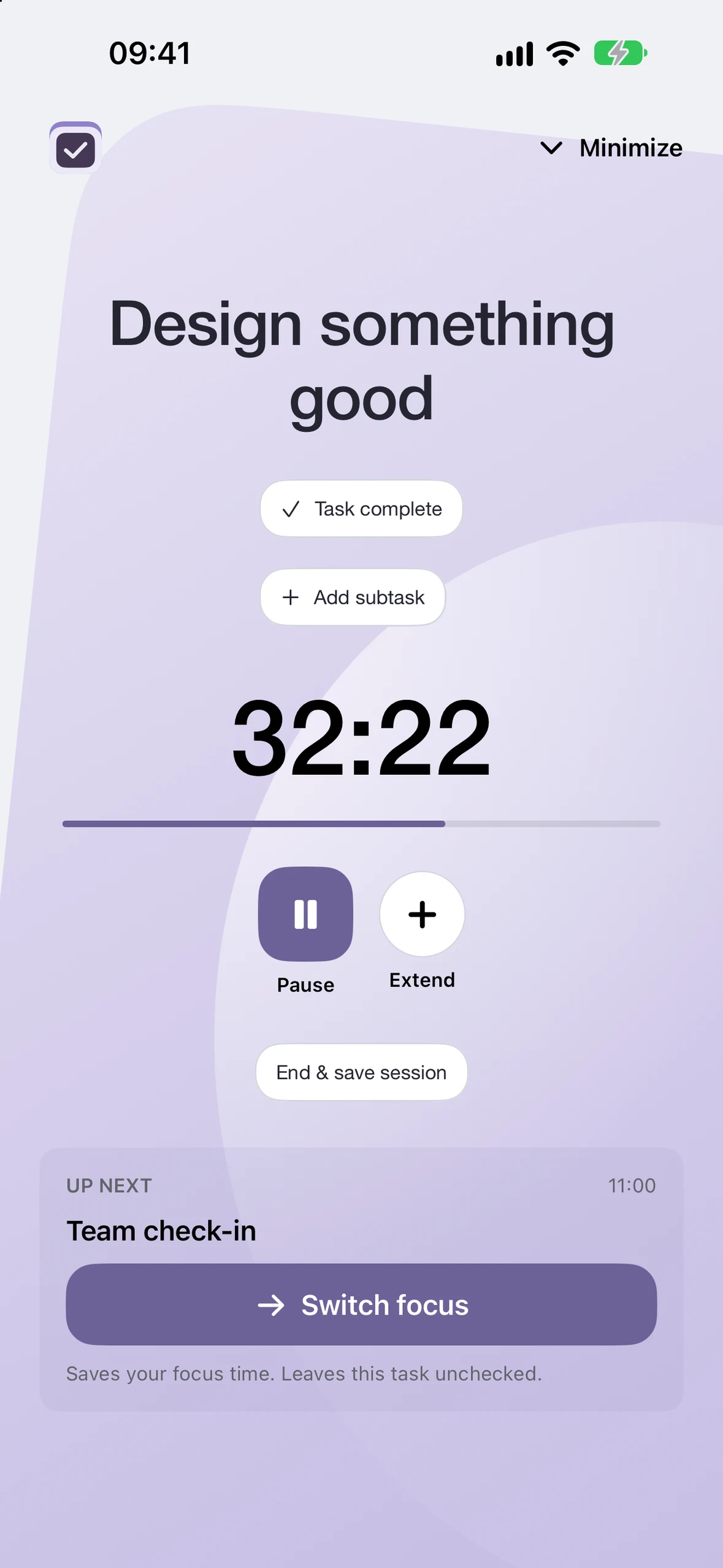 Done Cal Focus running a session in the Wisteria palette.