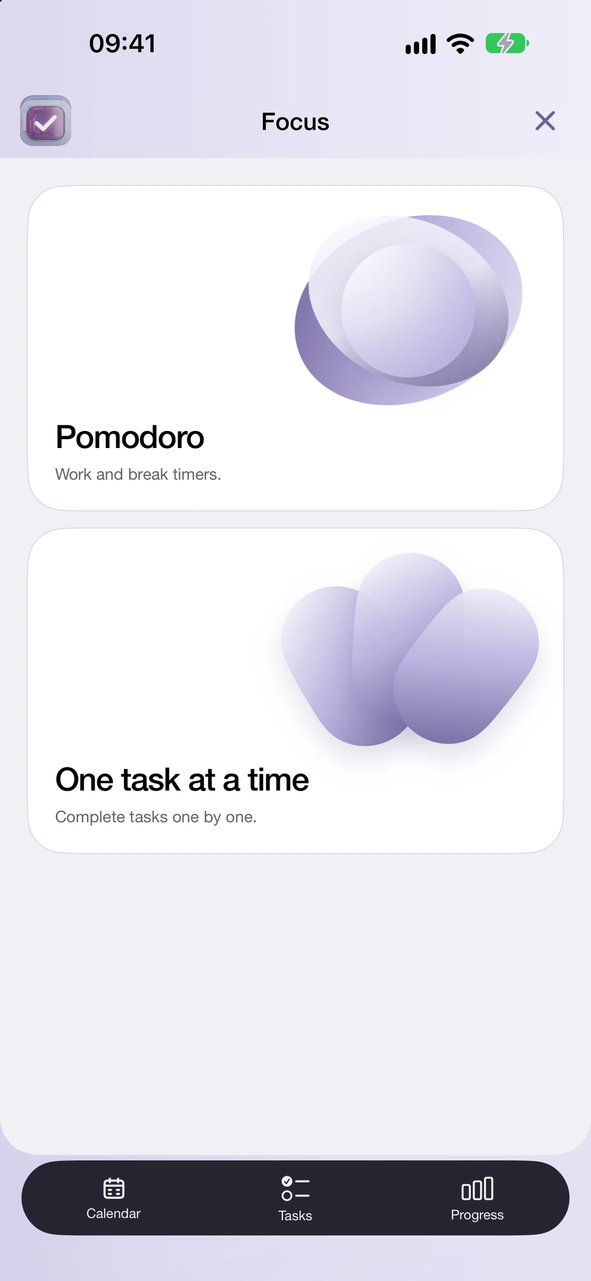 Done Cal Focus choices, including Pomodoro and One task at a time, in Wisteria.