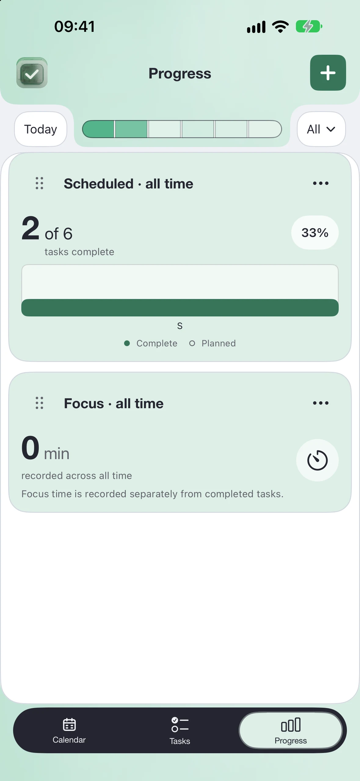 Done Cal Measure your progress. screen in a tonal iOS palette.