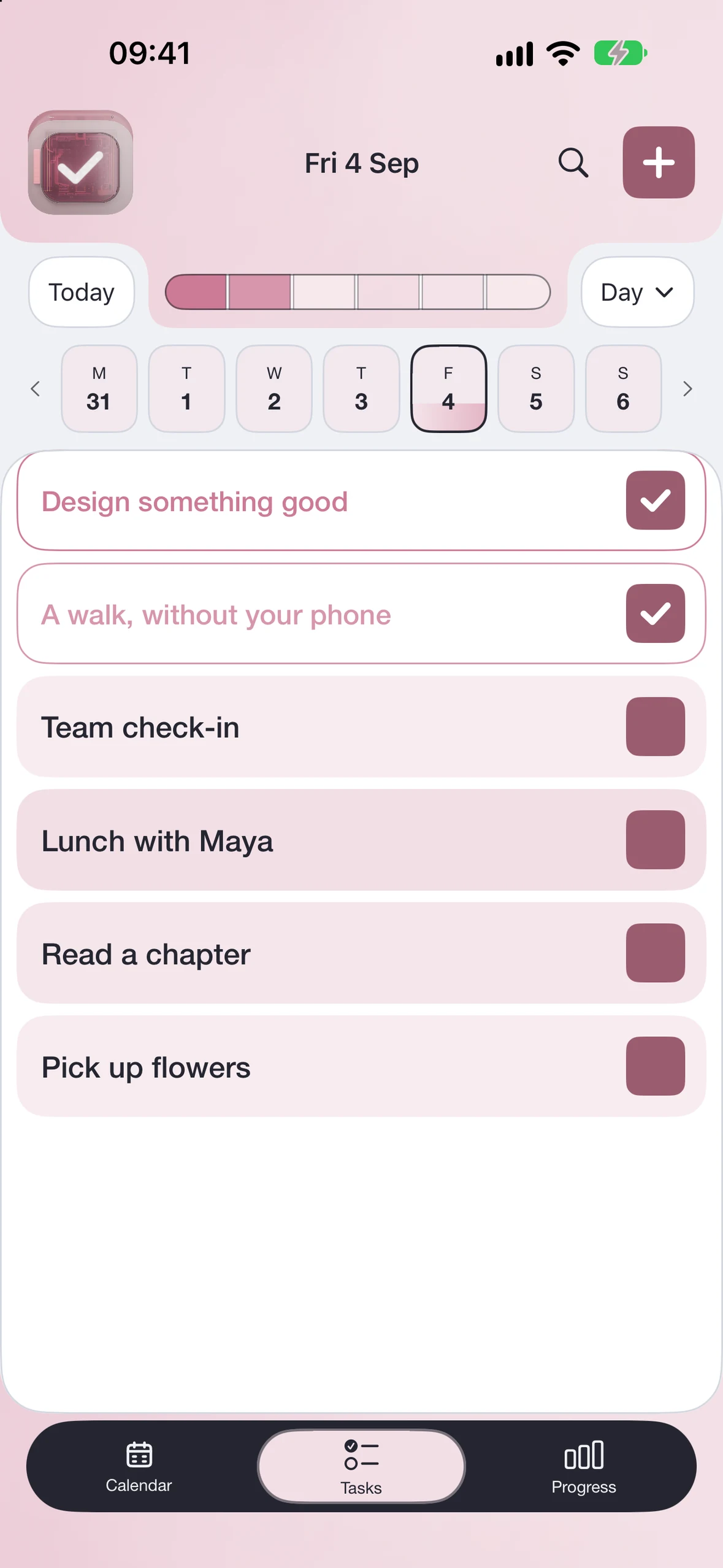 Done Cal Work through your lists. screen in a tonal iOS palette.